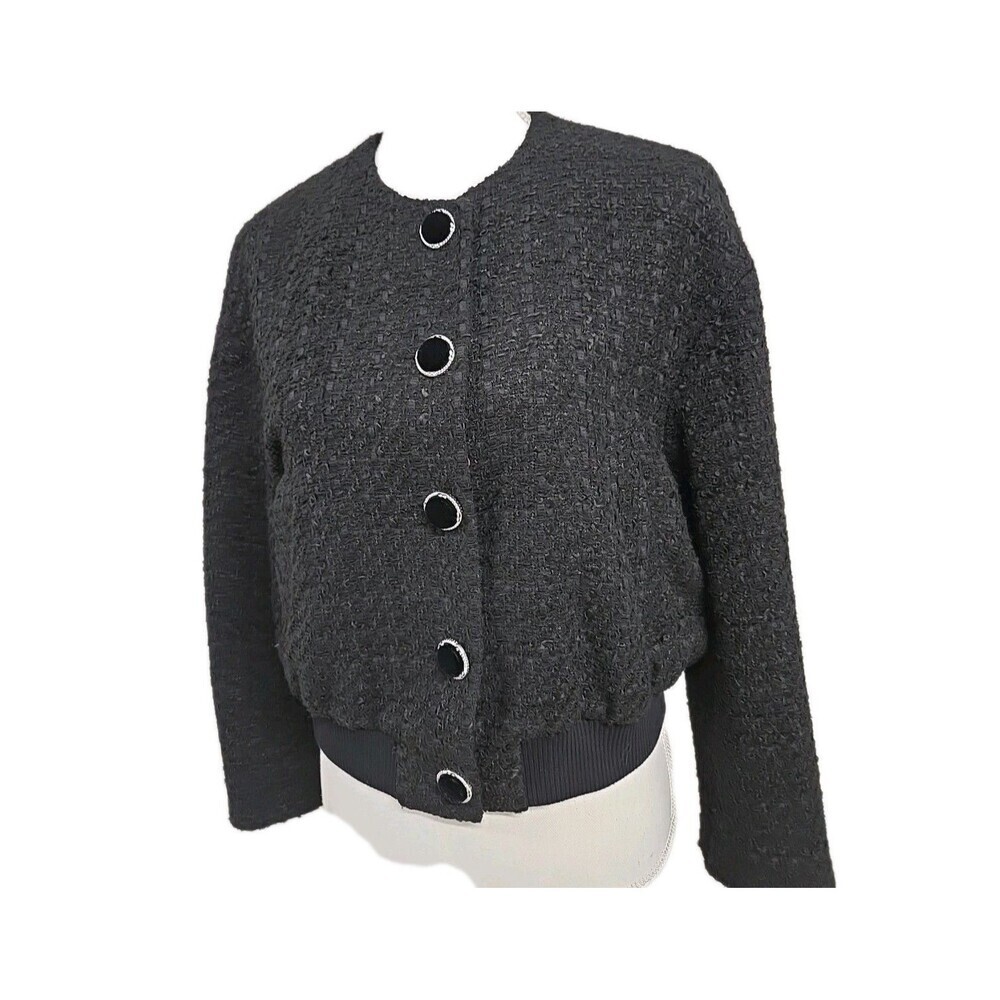 Zara Textured Tweed‎ Bomber Cropped Jacket Lined Pockets Black Women’s Size L - Picture 2 of 12